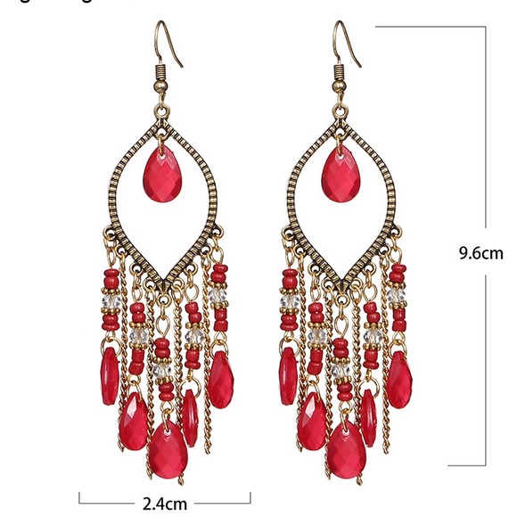 Bohemian boho earrings red gold blue beaded - Picture 2 of 3